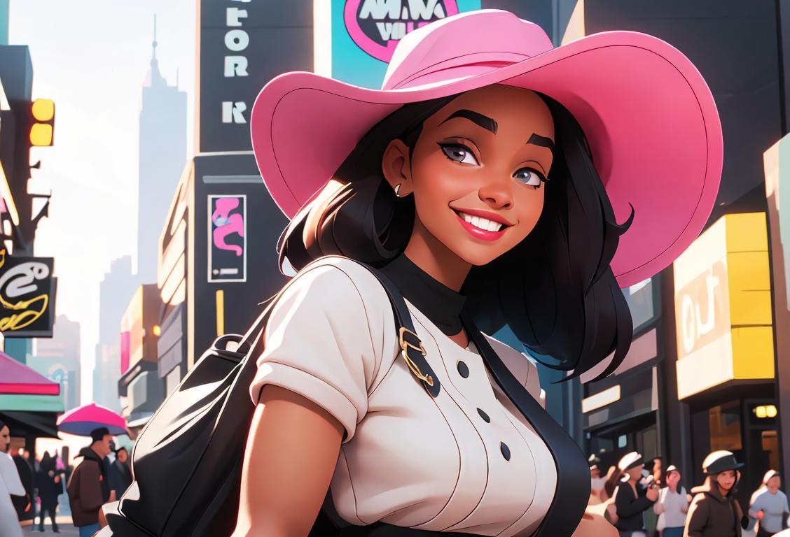 Young woman smiling while wearing a stylish curved-brim hat, rocking trendy urban streetwear in a vibrant city setting..