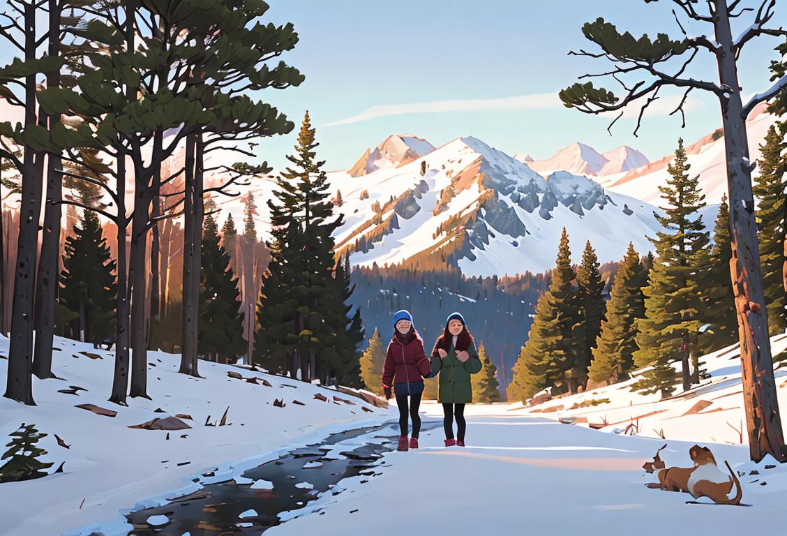 Happy family hiking in a national park on New Year's Day, dressed in winter jackets, surrounded by snowy mountains and pine trees..