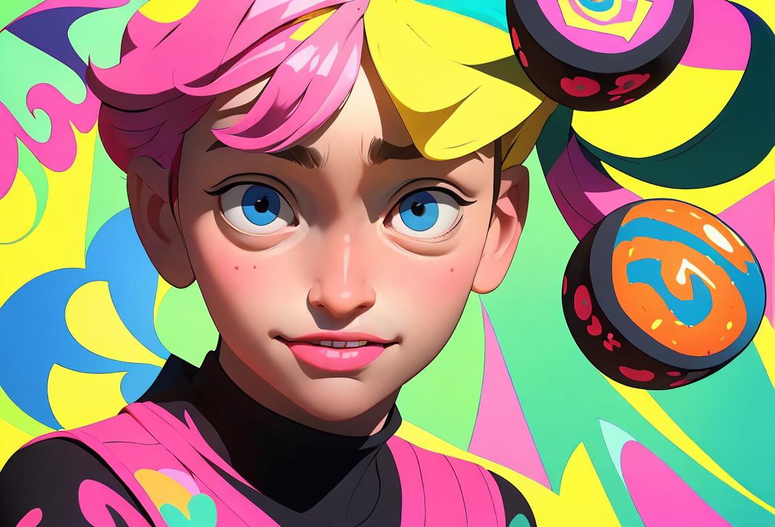 Cheerful person wearing mismatched clothes, surrounded by conflicting symbols and colors, symbolizing the perplexing nature of cognitive dissonance..