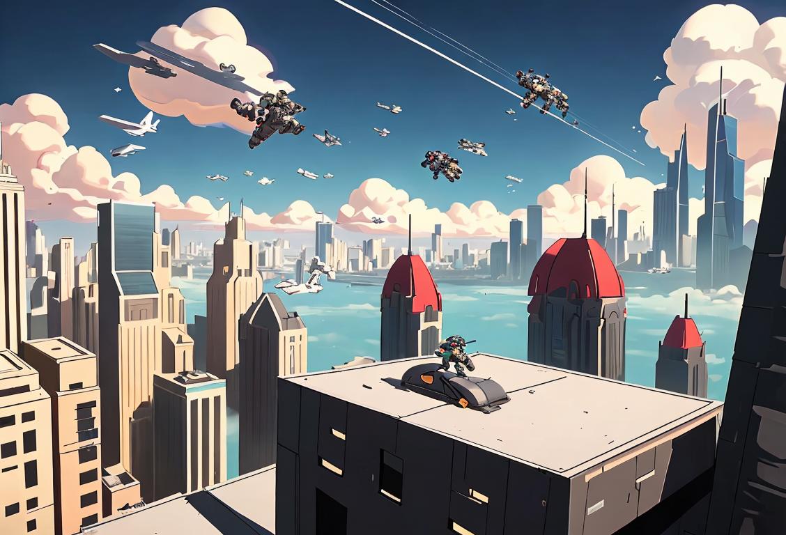 A group of diverse individuals in futuristic outfits, soaring through the sky with jetpacks, against a backdrop of a city skyline..