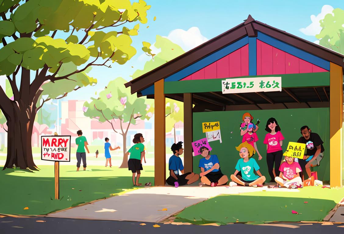 A group of diverse individuals, wearing colorful t-shirts, gathered around a shelter with signs that say 'Adopt, Don't Shop!'. A joyful atmosphere in a park setting..