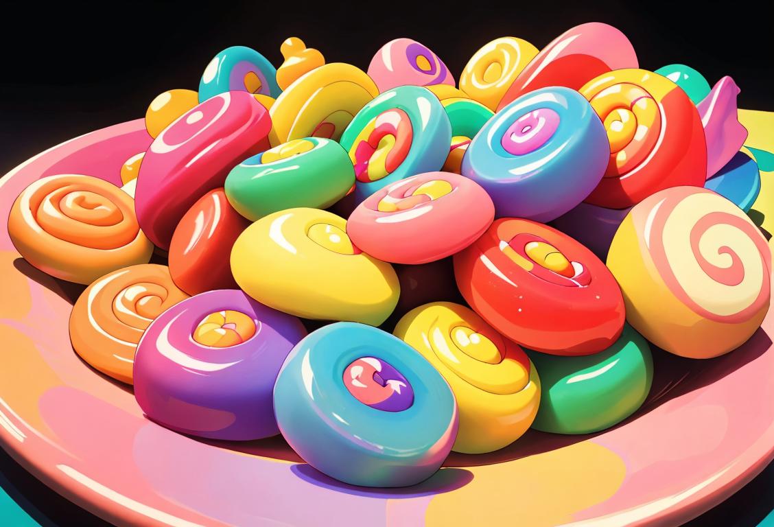 Sweet tooth satisfied with a pile of colorful Good and Plenty candies, surrounded by vintage candy wrappers and retro decor..