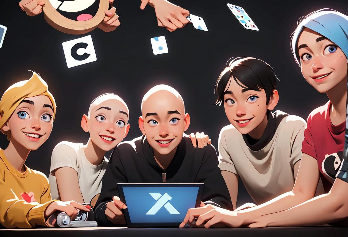 A diverse group of people smiling, wearing casual attire, surrounded by various digital devices and symbols of online communities..