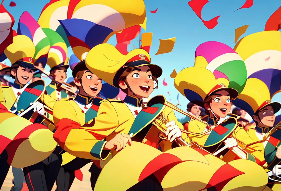 A group of musicians marching joyously in colorful uniforms, playing instruments, surrounded by cheering spectators and vibrant parade floats..