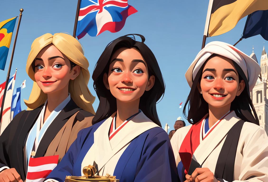 A diverse group of people holding flags with smiles, wearing traditional costumes from different countries, representing the unity and diversity of National Statehood Day..