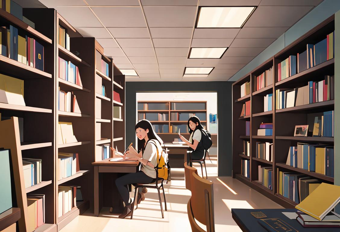 A group of diverse students studying in a lively campus setting, with smiles, backpacks, and stacks of books..