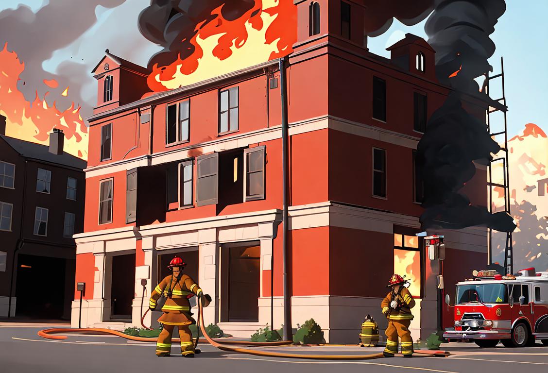 Firefighter in full gear, standing heroically in front of blazing building, surrounded by grateful community members.