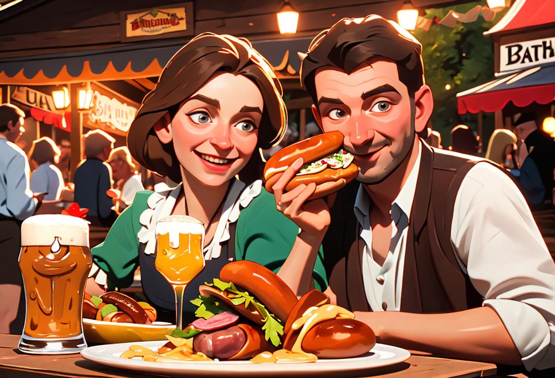Happy individuals enjoying bratwurst in a Bavarian beer garden, dressed in traditional German clothing, with lively music and decorations in the background..