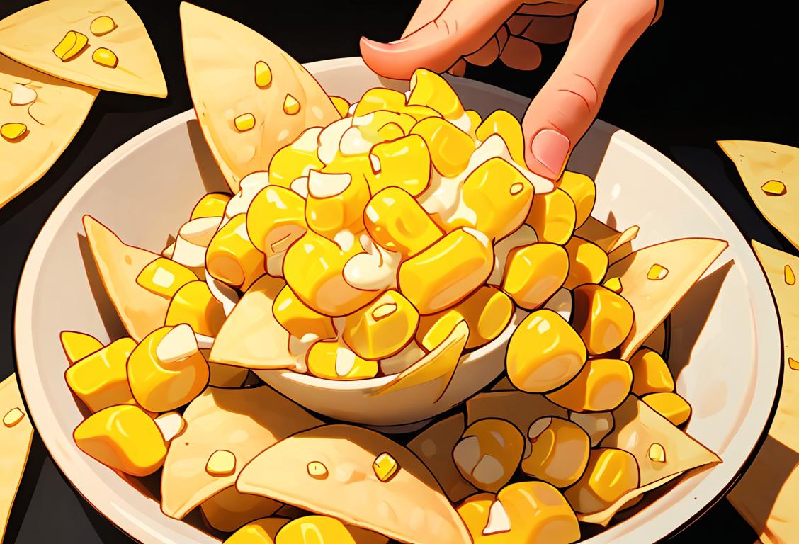 Happy person holding a bowl of corn chips, enjoying them with a variety of delicious dips, surrounded by colorful fiesta decorations..