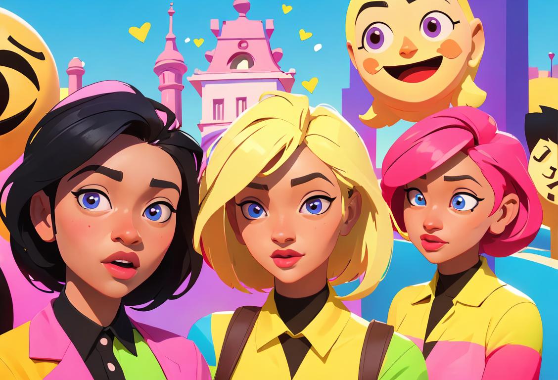 A diverse group of people exchanging emoji-filled messages, wearing colorful and stylish outfits, against a vibrant city backdrop..