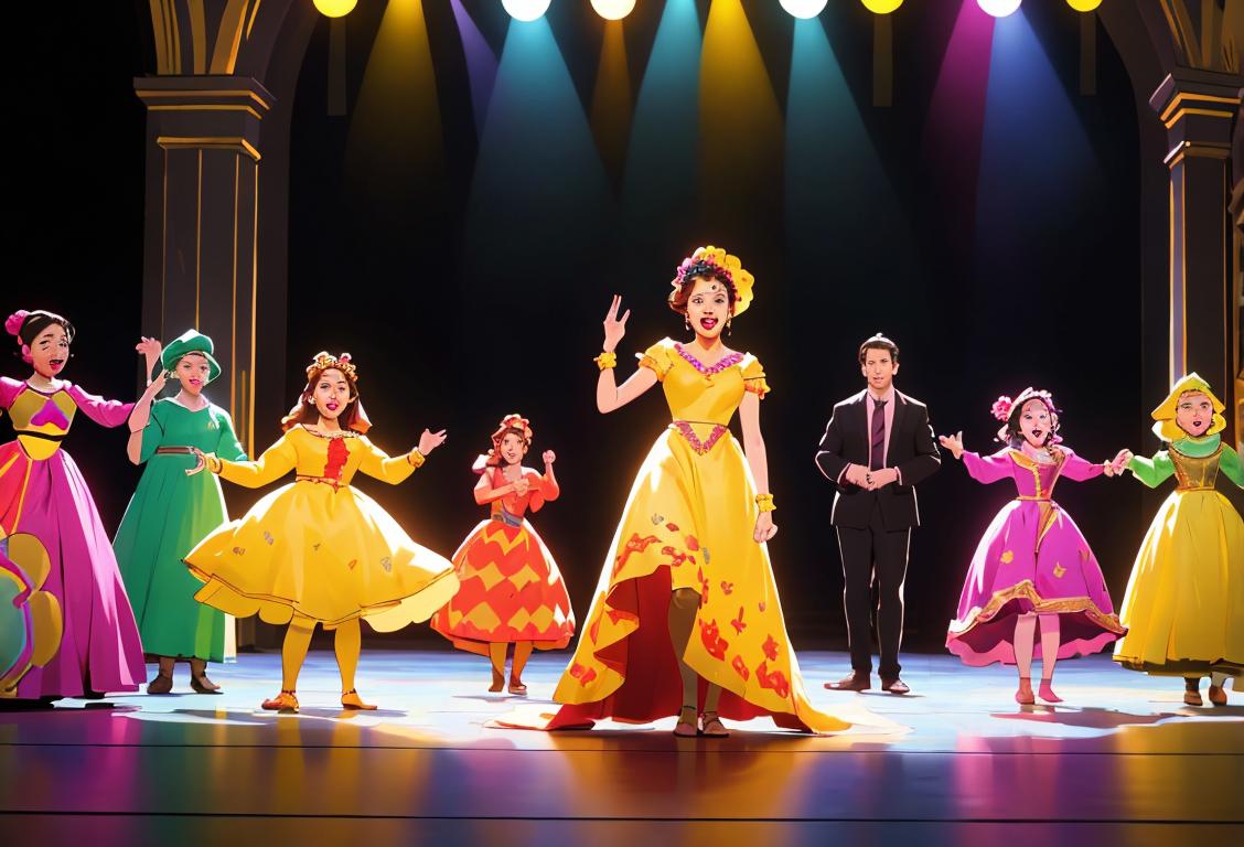 A group of diverse actors in colorful costumes performing a lively scene on a grand stage..