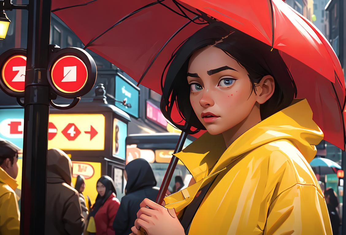 Young girl holding a red umbrella, wearing a yellow raincoat, surrounded by a crowd in a busy city center..