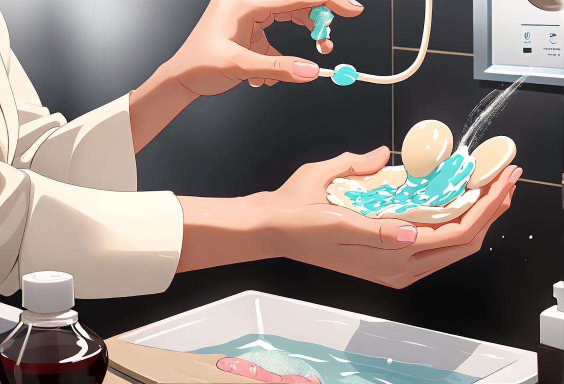 Person lathering up their hands with soap in a sparkling clean bathroom, wearing a crisp white lab coat, professional medical setting with hand hygiene posters..