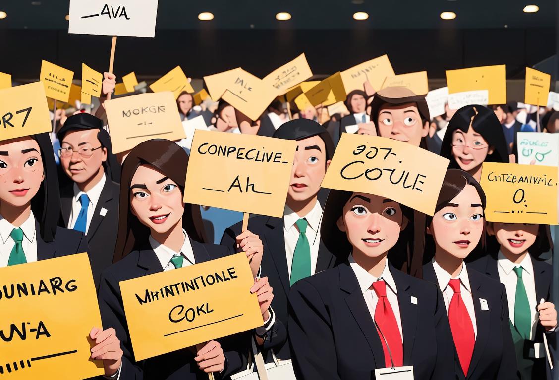 Happy group of people at a convention, holding signs and wearing business attire, bustling convention center in the background..