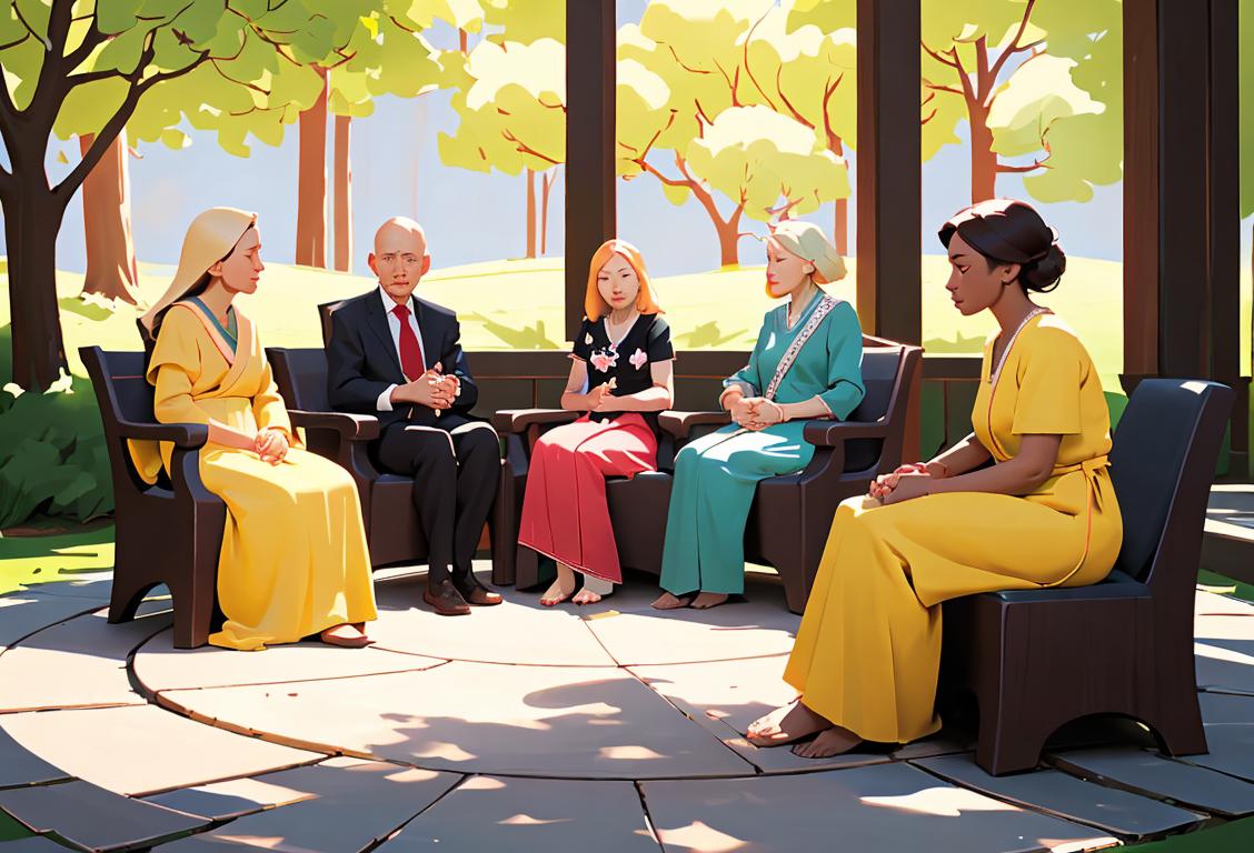 A diverse group of people sitting in a circle, holding hands, with a comforting and serene environment..