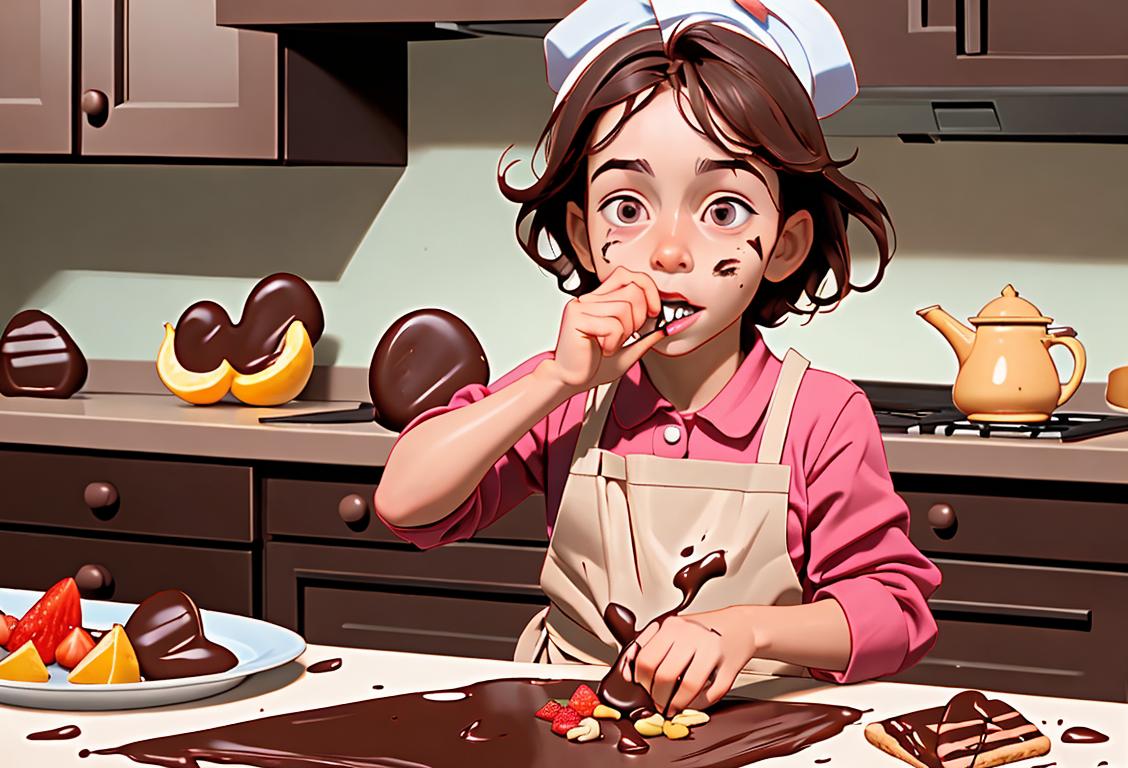 Energetic child covered in chocolate, messy kitchen, baking chef hat, surrounded by mouthwatering chocolate-covered fruits and snacks..