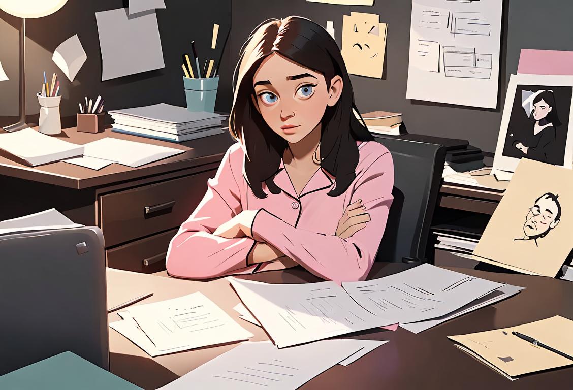 Young woman sitting at desk surrounded by piles of papers, wearing pajamas, messy room, laptop showing social media scrolling.