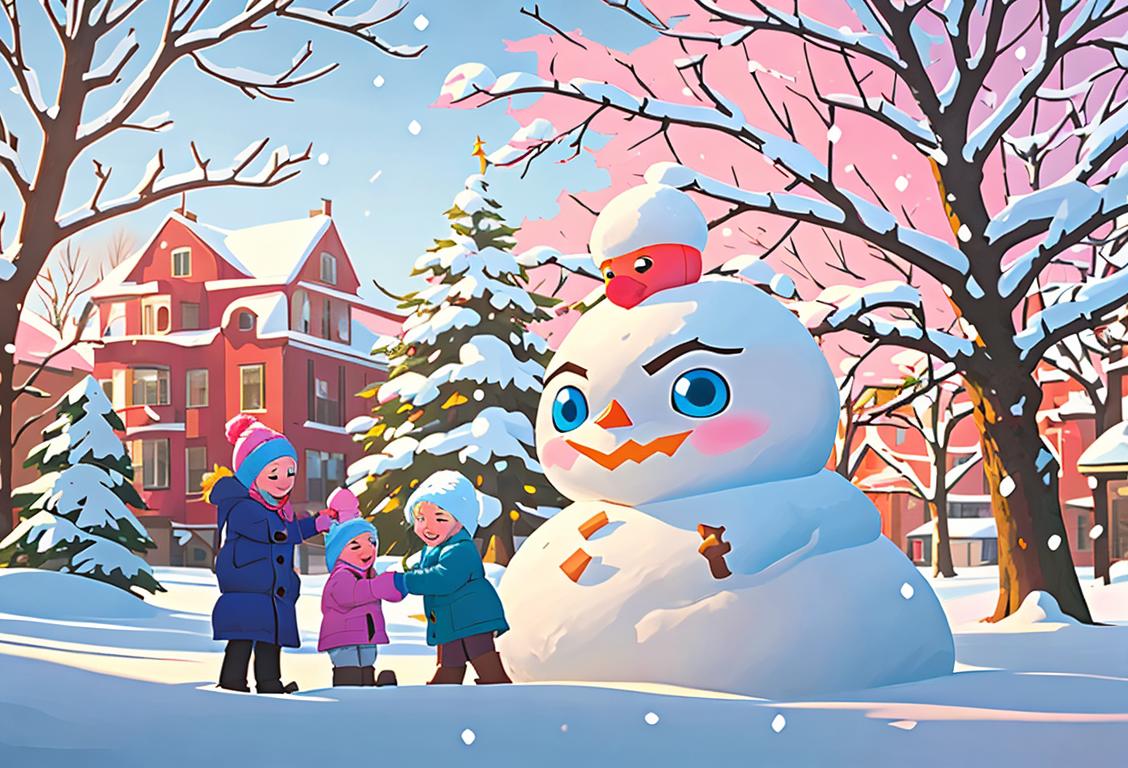 Joyful children building a snowman in a snowy park, dressed in colorful winter clothing, surrounded by trees and snow-covered landscapes.