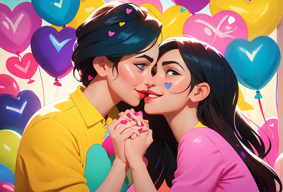Two smiling individuals holding hands, wearing colorful mismatched outfits, surrounded by heart-shaped balloons and confetti..
