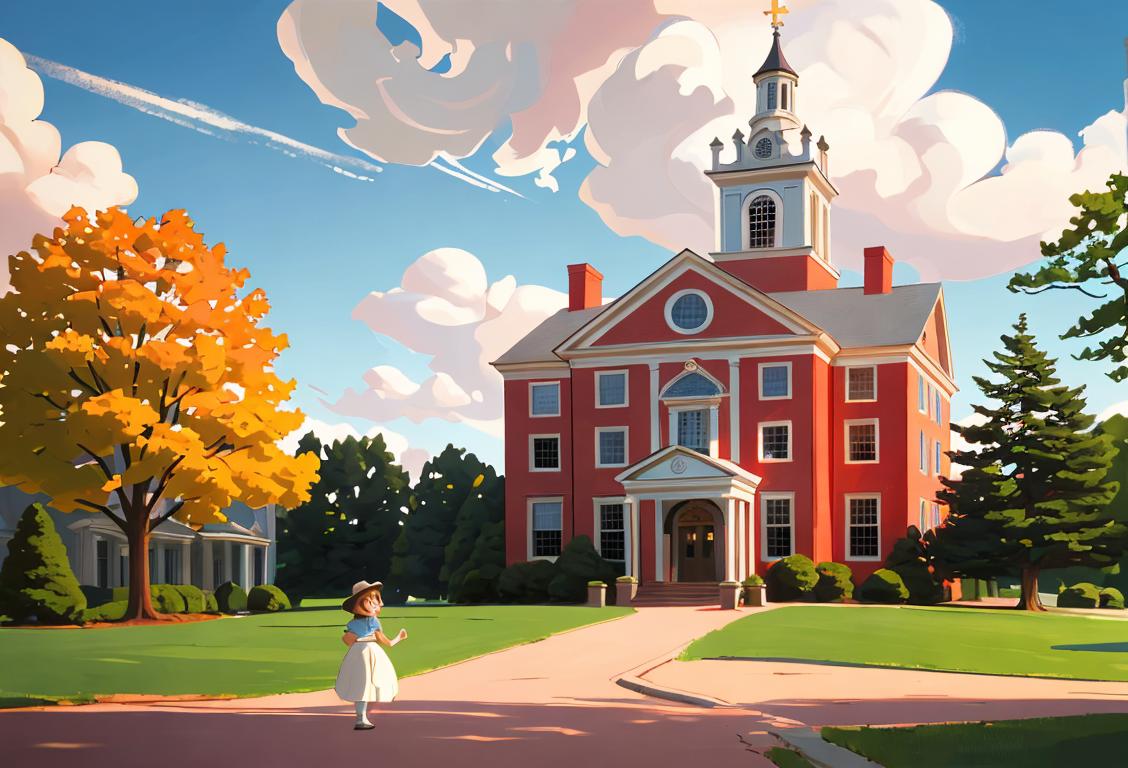 A cheerful family exploring historical sites in Massachusetts, wearing patriotic attire, with colonial architecture in the background..