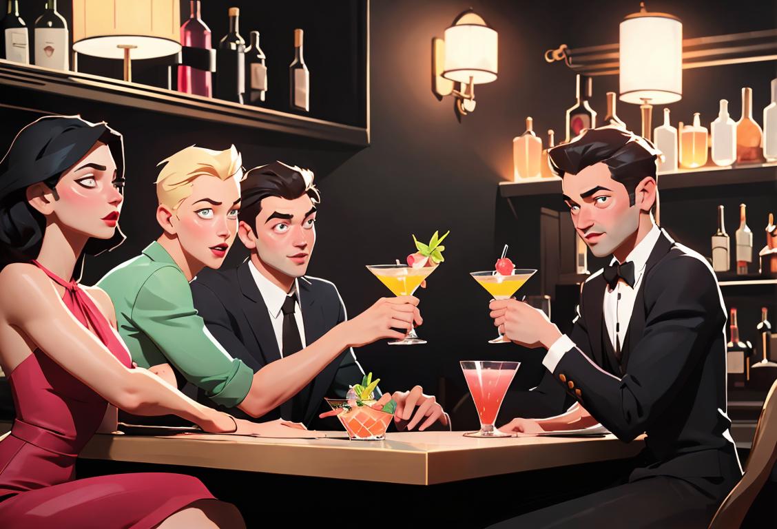 Excited group of friends toasting with beautifully crafted cocktails, dressed stylishly in trendy outfits, vibrant bar scene..