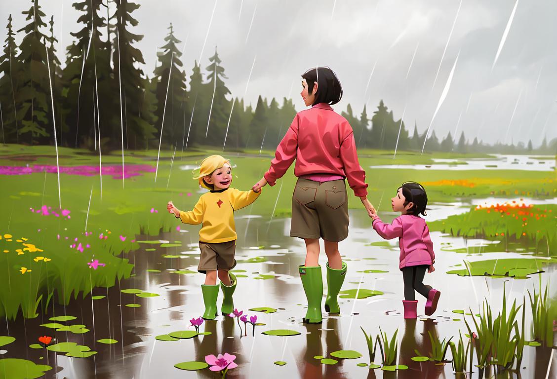 A family of joyful people in rain boots, exploring a beautiful bog filled with colorful wildflowers and dragonflies..