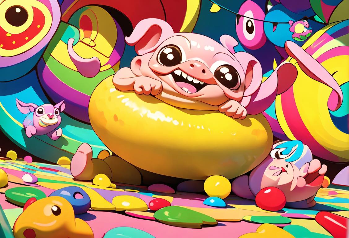 Joyful children jumping into a colorful pile of puzzles with a backdrop of a whimsical carnival atmosphere..