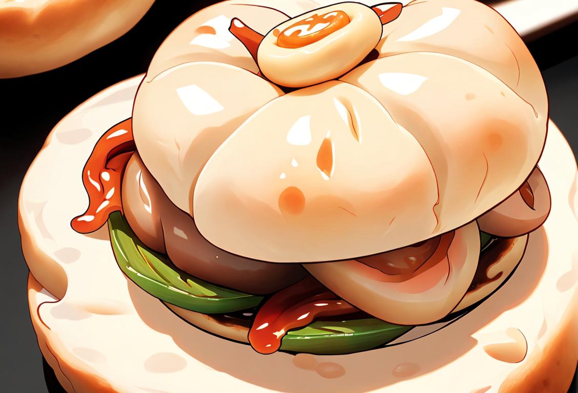 A close-up image of a handsomely dressed individual biting into a steaming hot, traditional bao bun, surrounded by vibrant Asian street food stalls..