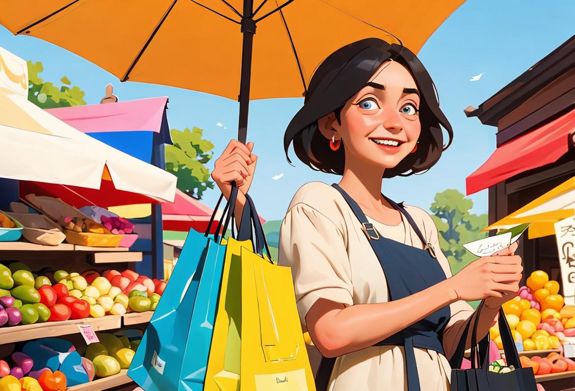 Cheerful merchant holding a shopping bag, wearing a colorful summer outfit, bustling market scene with various goods on display..