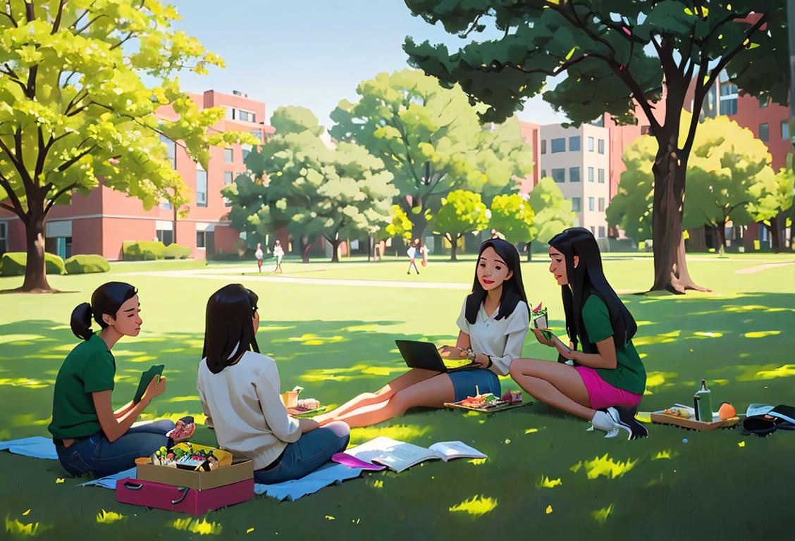 A group of college students, dressed in stylish contemporary clothing, having a picnic on a lush green campus lawn with laptops and textbooks spread out..