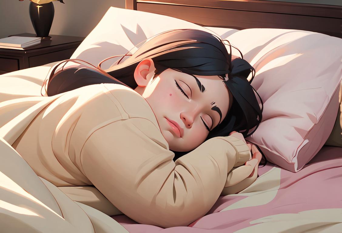 A cozy bedroom with soft blankets and pillows, featuring a cheerful sleeper peacefully dozing off on National Sleeper of the Day..