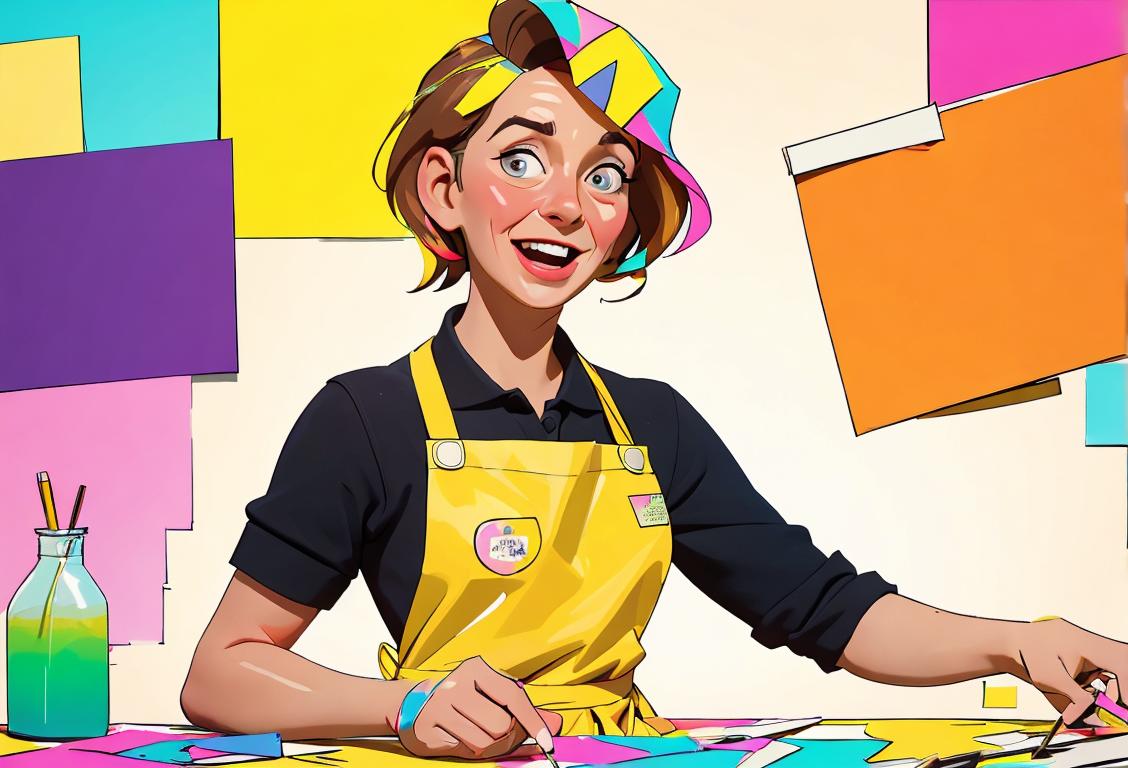 A joyful woman holding a roll of scotch tape, wearing a colorful apron, DIY crafting supplies in the background..
