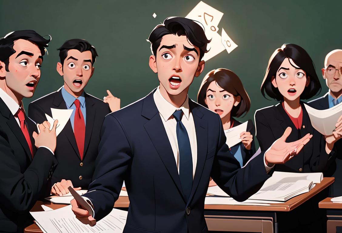 Young male teacher passionately debating, wearing a smart suit, surrounded by a diverse group of educators in a bustling conference hall..