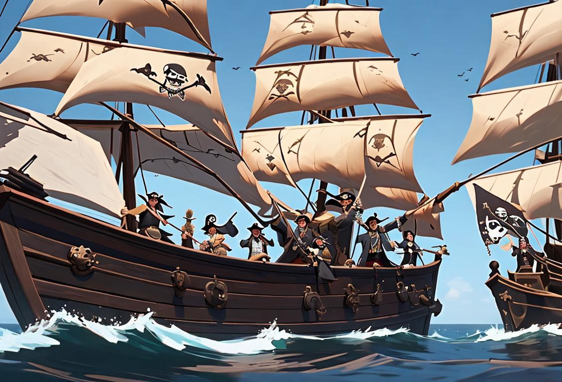 A group of friends dressed as pirates, standing on a pirate ship, holding swords and speaking in pirate slang..
