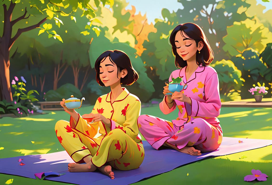 Happy residents in colorful pajamas, sipping herbal tea, practicing yoga in a peaceful garden surrounded by nature..