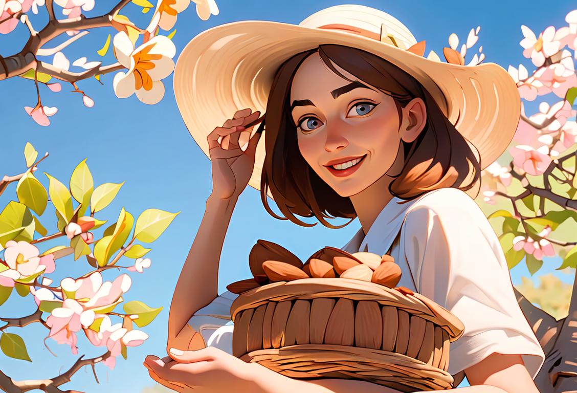 A joyful woman, surrounded by almond trees, wearing a sun hat, with a basket of almonds..