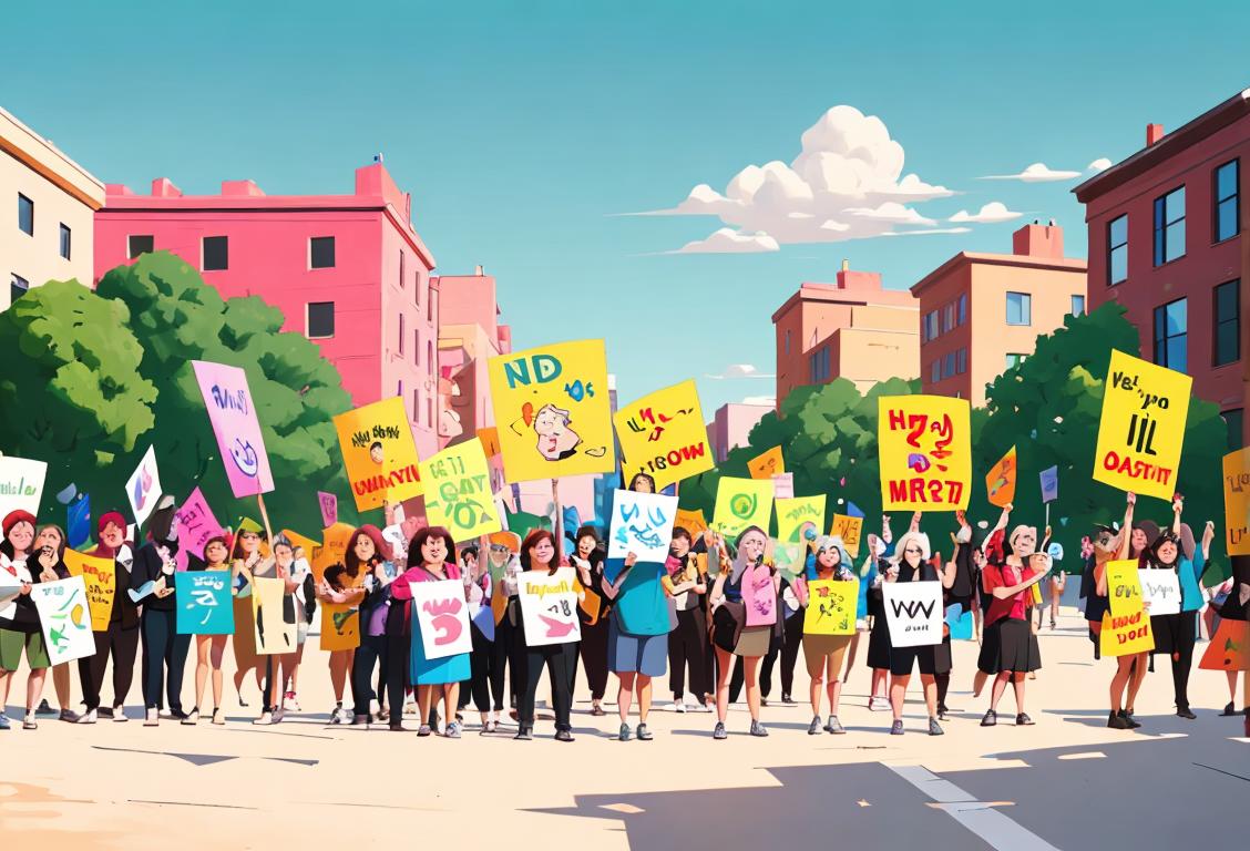 A diverse group of people holding signs with colorful illustrations, expressing their opinions, in a lively outdoor setting..