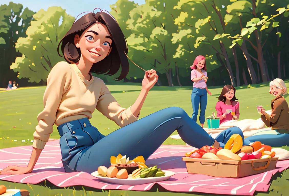 Smiling girl in cozy elastic pants, enjoying a picnic with friends, surrounded by beautiful nature..