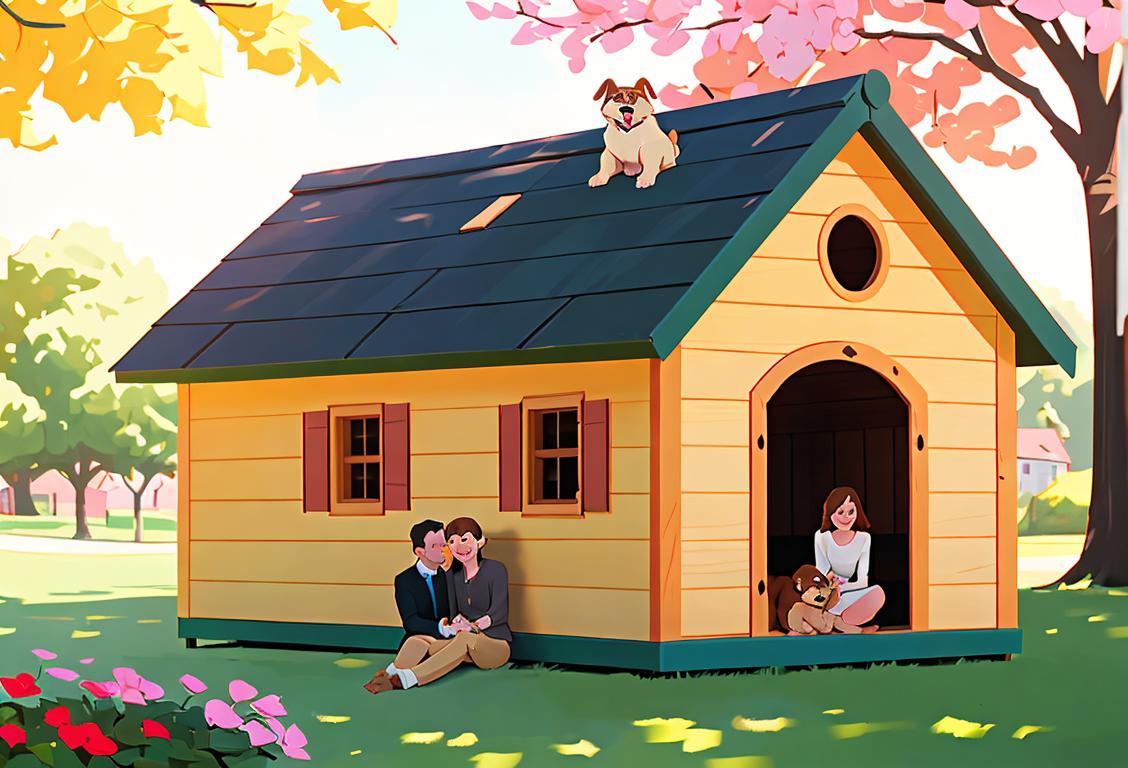 Happy couple holding hands, with a dog house in the background, sunny park setting..