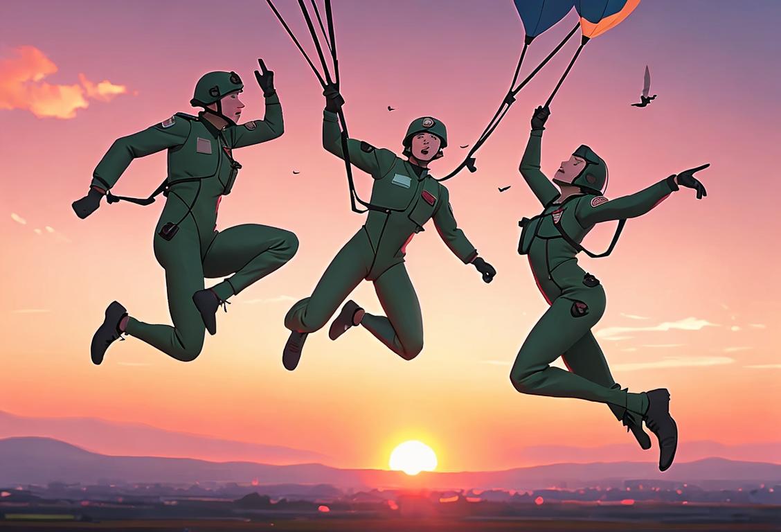 A group of paratroopers in mid-air, wearing vibrant jumpsuits, with an epic sunset as the backdrop..