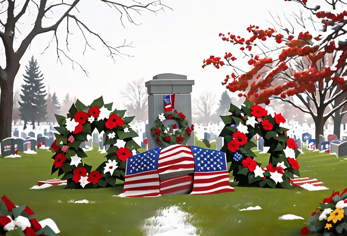 Happy family laying wreaths on military graves, surrounded by American flags, solemn and patriotic atmosphere, winter setting..