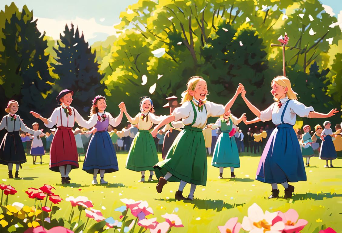 Happy group of people wearing traditional Swedish clothing, dancing around a maypole adorned with flowers, picturesque Swedish countryside in the background..