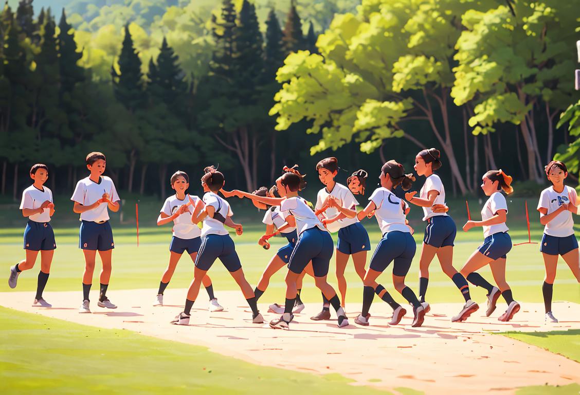 Young people confidently participating in team-building activities, dressed in athletic wear, surrounded by nature and adventure elements..