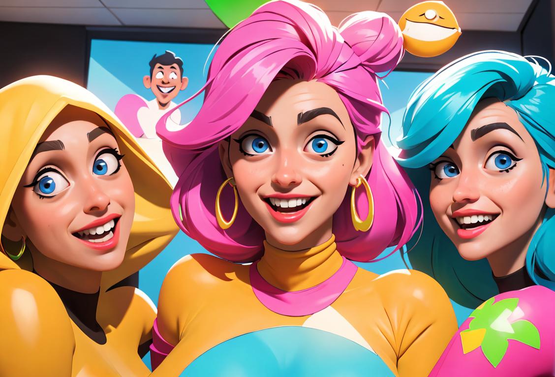 A group of smiling coworkers wearing colorful costumes and funny accessories, surrounded by vibrant office decor and engaging in lively team-building activities..