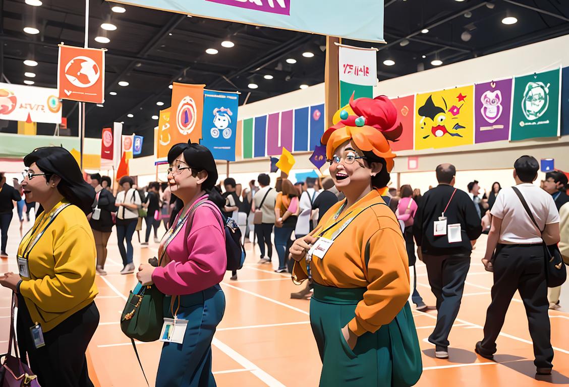 A diverse group of people in colorful costumes, holding convention badges, surrounded by themed booths and banners, exuding excitement and camaraderie..