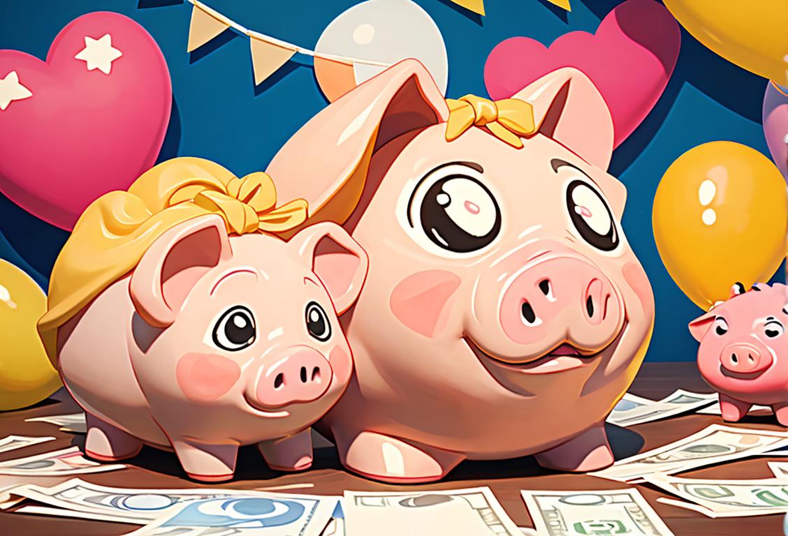 Cheerful individuals in casual attire, holding piggy banks and celebrating National Credit Union Day with vibrant, money-themed decorations and a lively community atmosphere..
