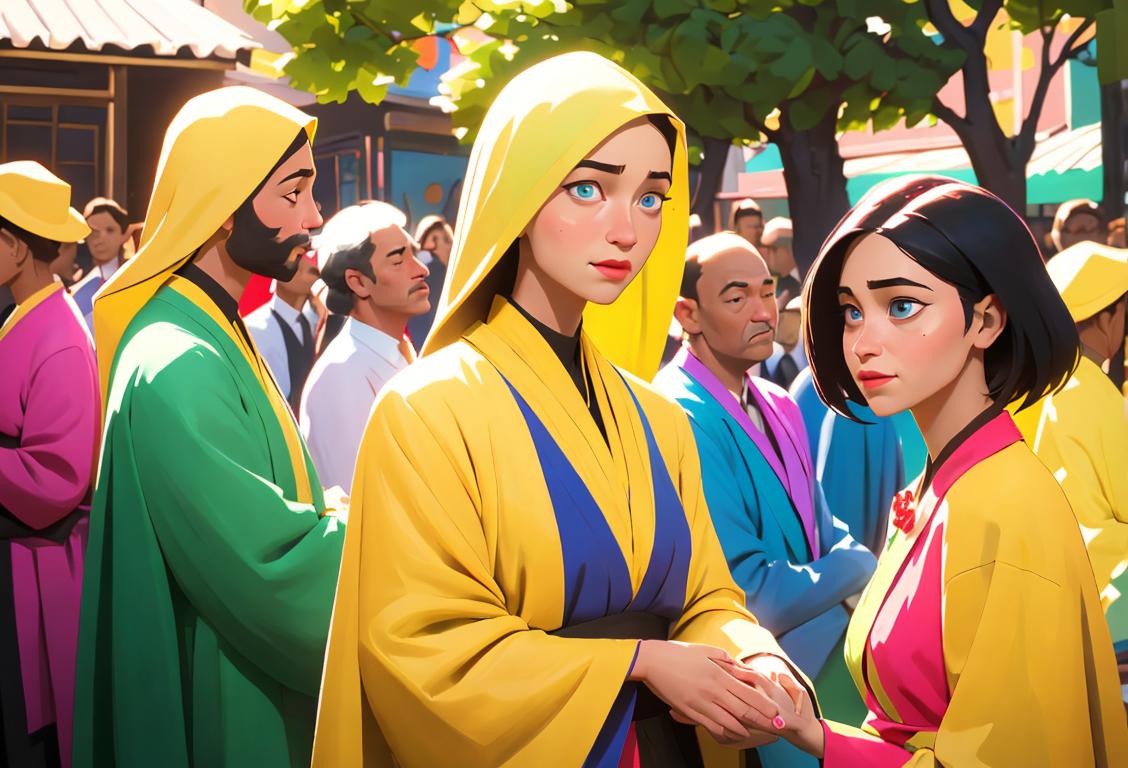 A diverse group of people, wearing colorful clothes, celebrating life together in a beautiful outdoor setting..