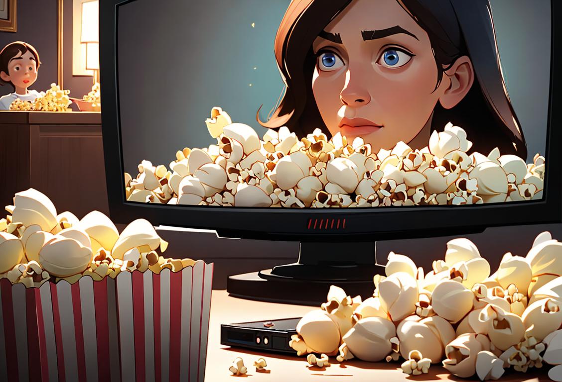 Close-up of a TV screen showing the final scenes of a beloved TV show, surrounded by popcorn and tissues. A cozy living room setting with family members gathered around..