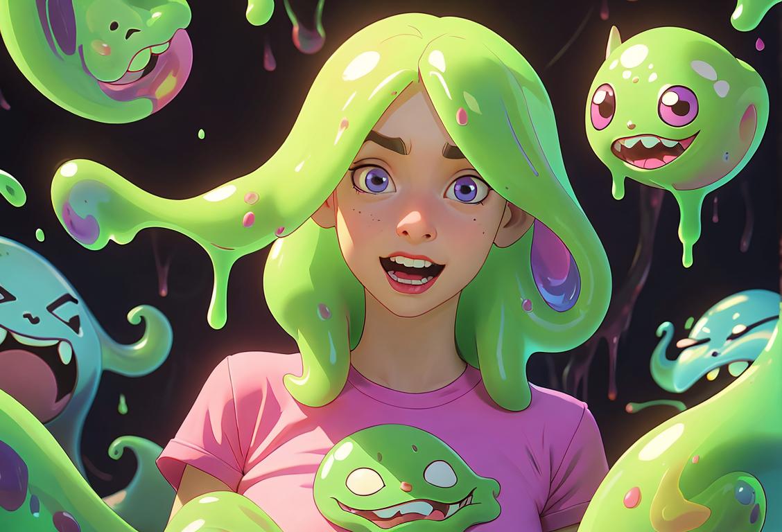 Young woman surrounded by colorful slime, wearing a slime-themed t-shirt, with a playful expression in a slime-filled room..