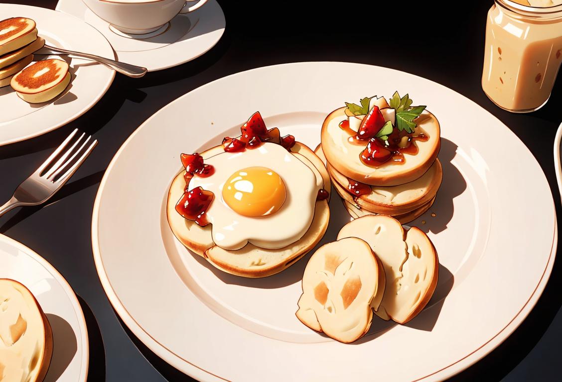 A person holding a plate with toasted English muffin, topped with melted butter and a side of jam. They are wearing a cozy sweater, sitting at a sunny breakfast table..